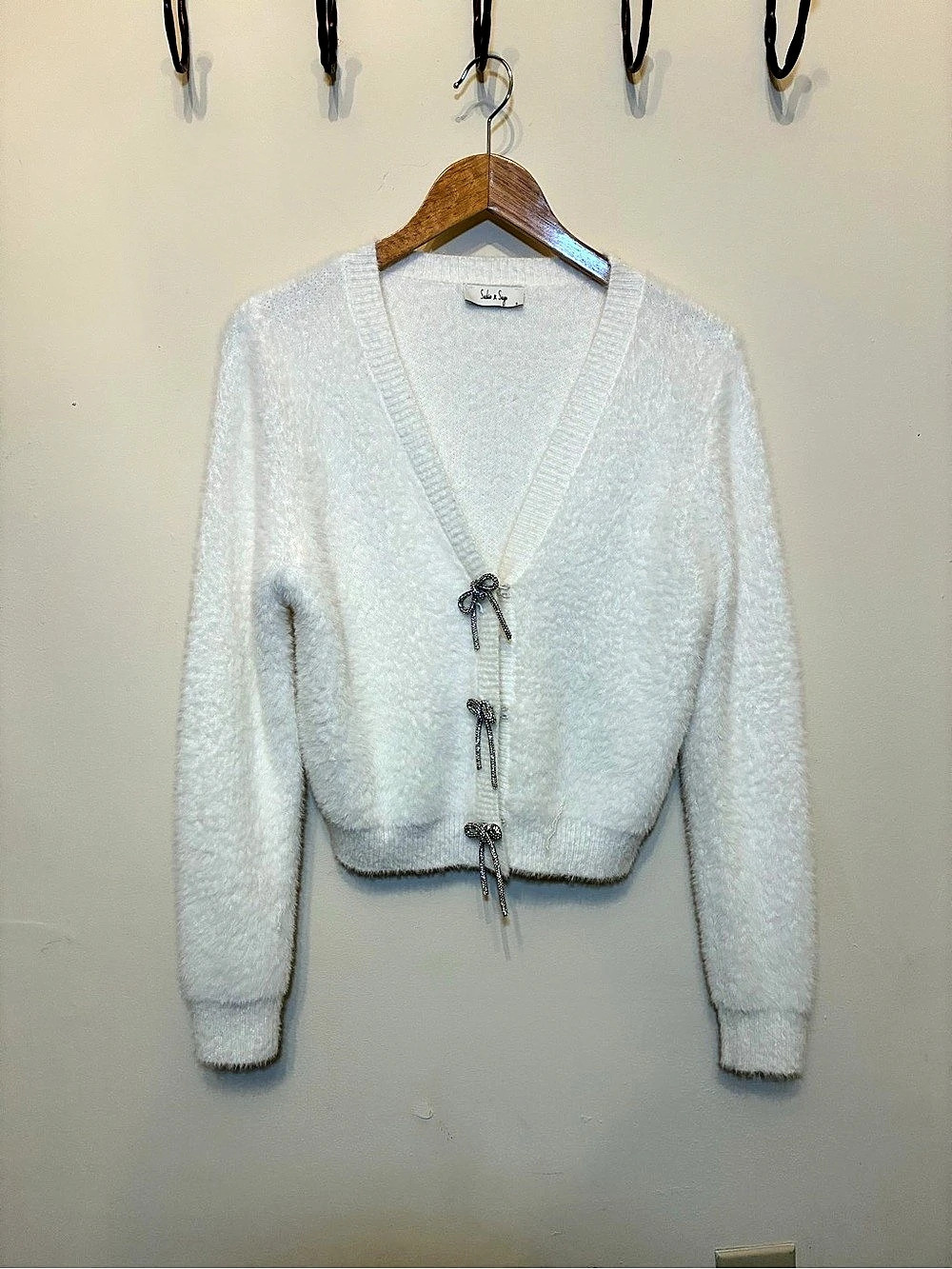 Sadie & Sage Porcelain Cardigan with Rhinestone Bows White Small